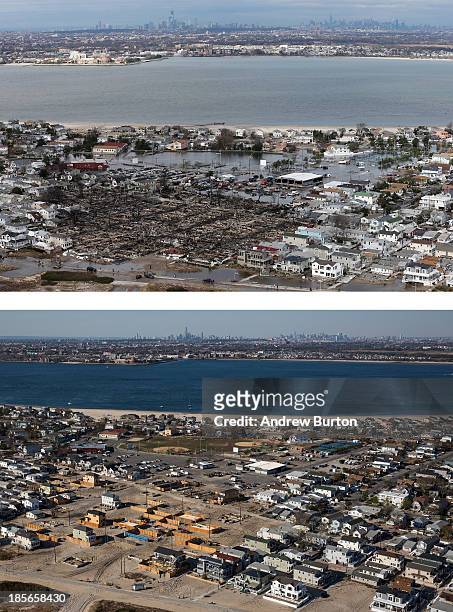 The remains of burned homes are surrounded by water due to Superstorm Sandy in the Breezy Point neighborhood of the Queens borough of New York City...