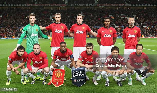 The Manchester United team line up ahead of the UEFA Champions League Group A match between Manchester United and Real Sociedad at Old Trafford on...