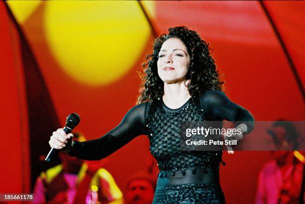 Gloria Estefan performs on stage at the Birmingham NEC on December 1st, 1996 in Birmingham, England.