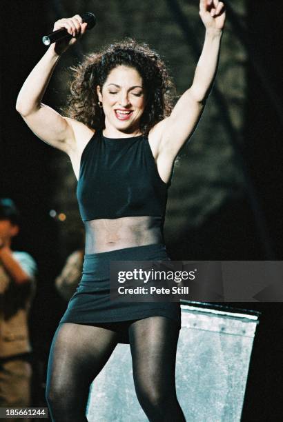 Gloria Estefan performs on stage at the Birmingham NEC on December 1st, 1996 in Birmingham, England.