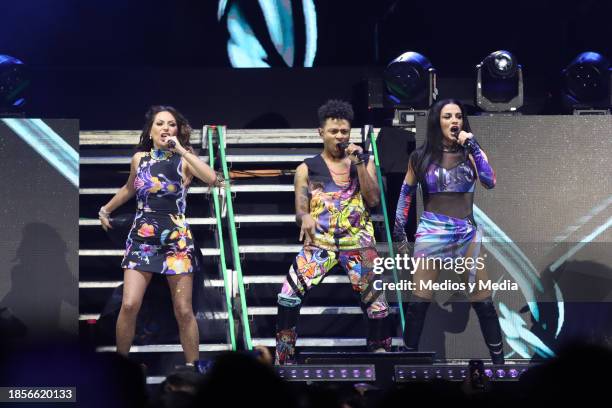 Mariana Ávila, Kalimba and Lidia Ávila of OV7 perform on stage during the last concert of the '30 Años Tour' at Arena Ciudad de México on December...