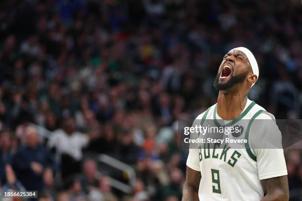 Bobby Portis of the Milwaukee Bucks reacts to a score during the first half of a game against the Indiana Pacers at Fiserv Forum on December 13, 2023...