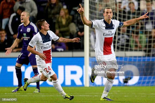 Zlatan Ibrahimovic of PSG celebrates scoring 0-3 during the UEFA Champions League Group C match between RSC Anderlecht and Paris Saint-Germain FC on...