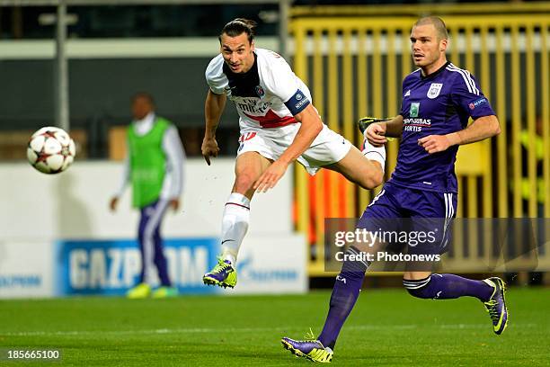 Zlatan Ibrahimovic of PSG scores 0-5 during the UEFA Champions League Group C match between RSC Anderlecht and Paris Saint-Germain FC on October 23,...