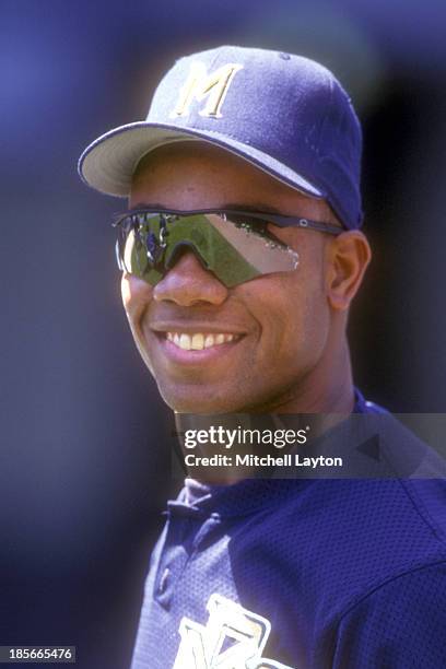 Gerald Williams of the Milwaukee Brewers looks on before a baseball game against the New York Yankees on June 7, 1997 at Yankee Stadium in the Bronx...