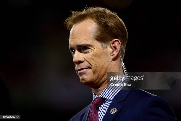 Fox broadcaster Joe Buck is seen before Game One of the 2013 World Series between the Boston Red Sox and the St. Louis Cardinals at Fenway Park on...