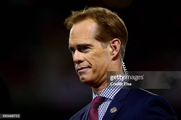 Fox broadcaster Joe Buck is seen before Game One of the 2013 World Series between the Boston Red Sox and the St. Louis Cardinals at Fenway Park on...