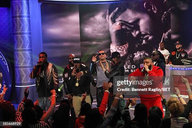 Meek Mill, Rick Ross, Busta Ryhmes, Jadakiss, DJ Khaled, Swizz Beatz and French Montana, Ace Hood perform during 106 & Park at 106 & Park studio on...