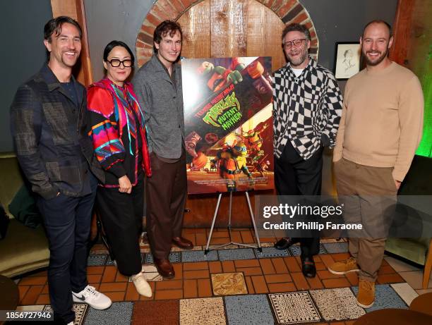 James Weaver, Ramsey Naito, President of Animation, Paramount and Nickelodeon Animation, Jeff Rowe, Seth Rogen and Evan Goldberg attend an LA...