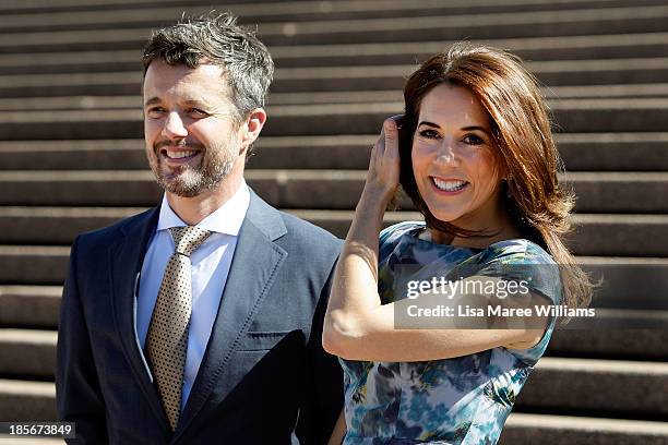 Crown Prince Frederik and Crown Princess Mary of Denmark arrive at the Opera House forecourt on October 24, 2013 in Sydney, Australia. Prince...