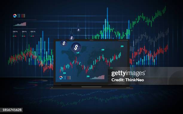 forex-handelssignale. anlagestrategien und online-handelssignale auf laptop-konzepten. - stock exchange stock-grafiken, -clipart, -cartoons und -symbole