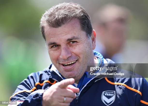 Coach Ange Postecoglou reacts during a Melbourne Victory A-League training session at Gosch's Paddock on October 24, 2013 coach in Melbourne,...