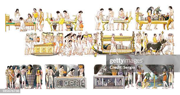 illustration depicting the process from death to tomb in ancient egypt - mummified stock-grafiken, -clipart, -cartoons und -symbole