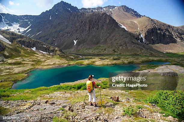 backpacker hiking in chugach state park near anchorage, alaska. - anchorage alaska stockfoto's en -beelden