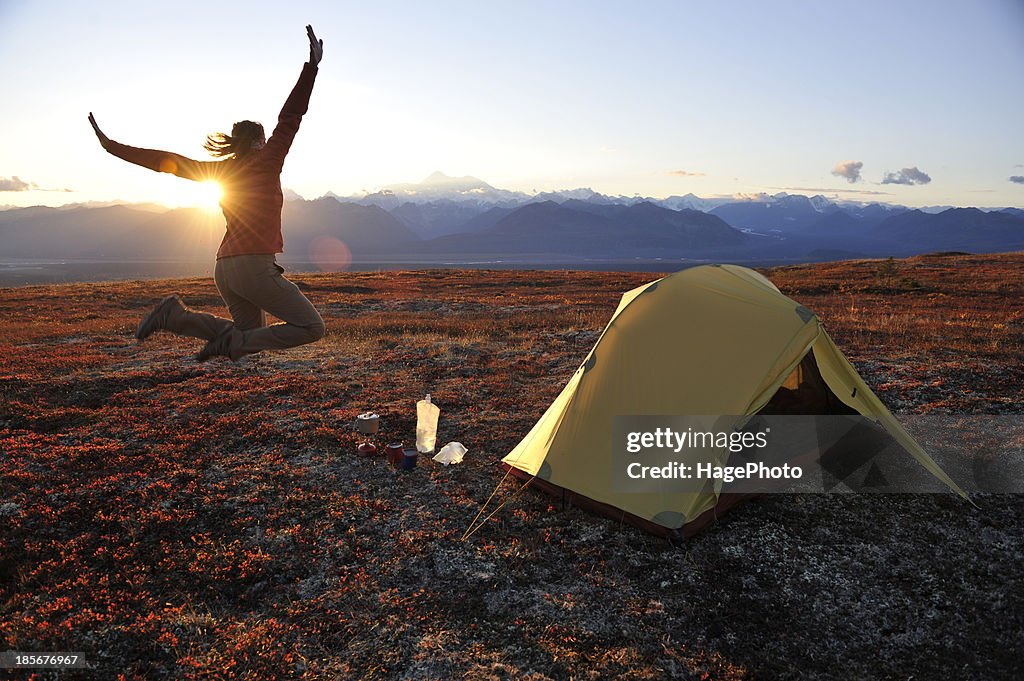 Backpacker camping on Kesugi Ridge Trail in Denali State Park, Alaska.