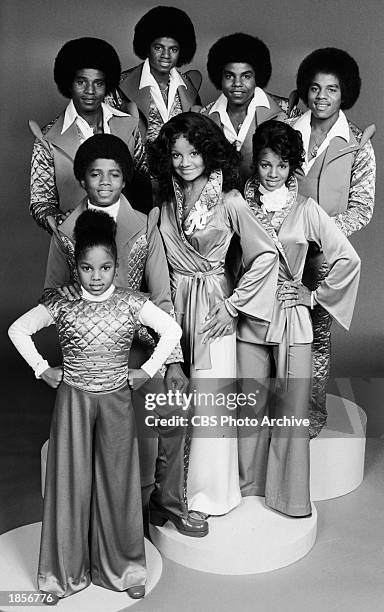 Promotional portrait of the Jackson family, : Janet, Randy, Jackie, Michael, Tito, Marlon, LaToya and Rebbie Jackson, c. 1977.