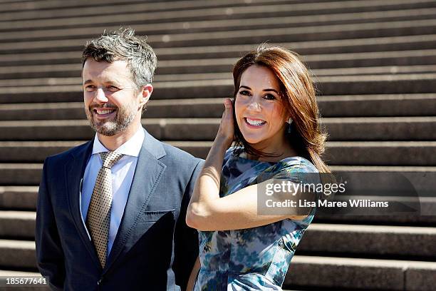 Crown Prince Frederik and Crown Princess Mary of Denmark arrive at the Opera House forecourt on October 24, 2013 in Sydney, Australia. Prince...