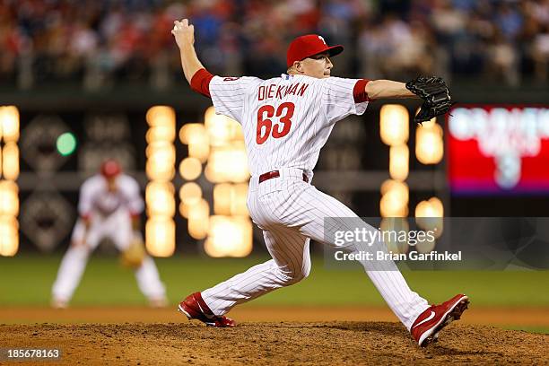 Jacob Diekman of the Philadelphia Phillies throws a pitch during the game against the San Francisco Giants at Citizens Bank Park on July 31, 2013 in...