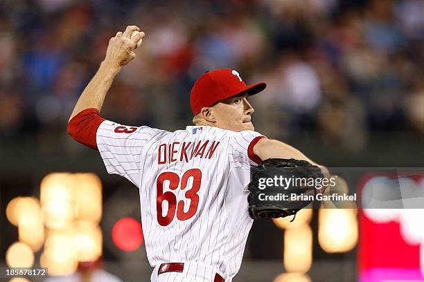 Jacob Diekman of the Philadelphia Phillies throws a pitch during the game against the San Francisco Giants at Citizens Bank Park on July 31, 2013 in...