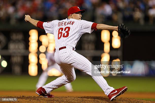 Jacob Diekman of the Philadelphia Phillies throws a pitch during the game against the San Francisco Giants at Citizens Bank Park on July 31, 2013 in...