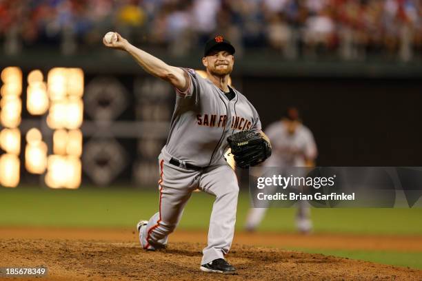 Chad Gaudin of the San Francisco Giants throws a pitch during the game against the Philadelphia Phillies at Citizens Bank Park on July 31, 2013 in...