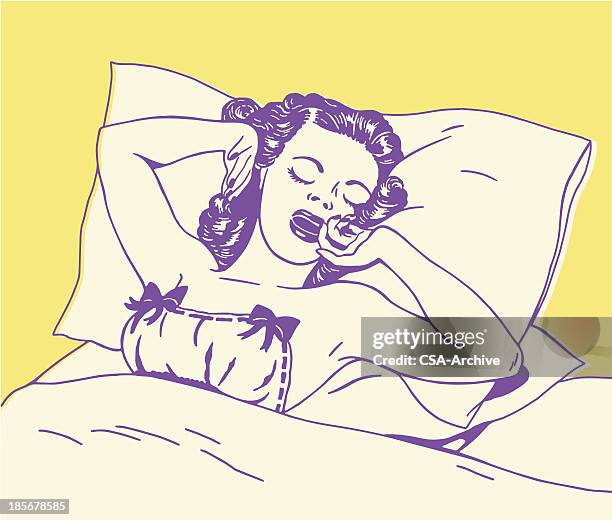 frau dehnung im bett - tired woman stock-grafiken, -clipart, -cartoons und -symbole