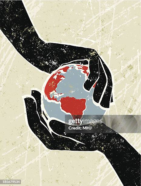 stockillustraties, clipart, cartoons en iconen met hand's cradling a world map globe - climate change