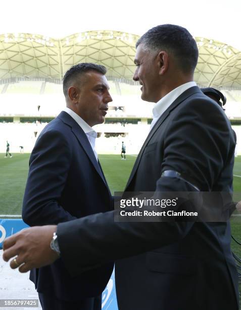 Western United coach John Aloisi and Brisbane Roar coach Ross Aloisi shake hands as they become the first brothers to coach againsts each other in...