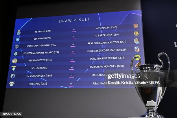 View of the draw results following the UEFA Champions League 2023/24 Round of 16 Draw at the UEFA Headquarters, the House of European Football, on...