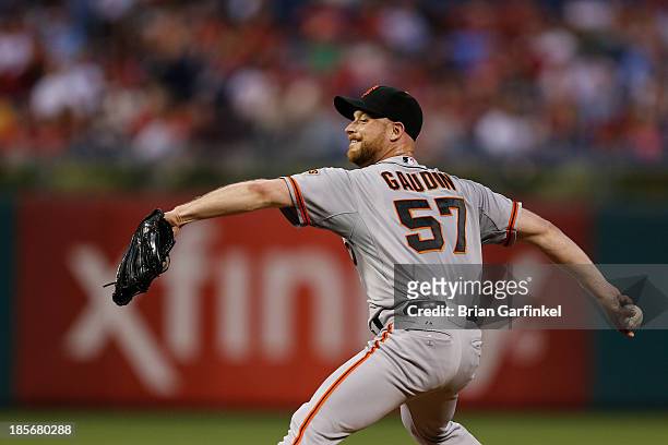 Chad Gaudin of the San Francisco Giants throws a pitch during the game against the Philadelphia Phillies at Citizens Bank Park on July 31, 2013 in...
