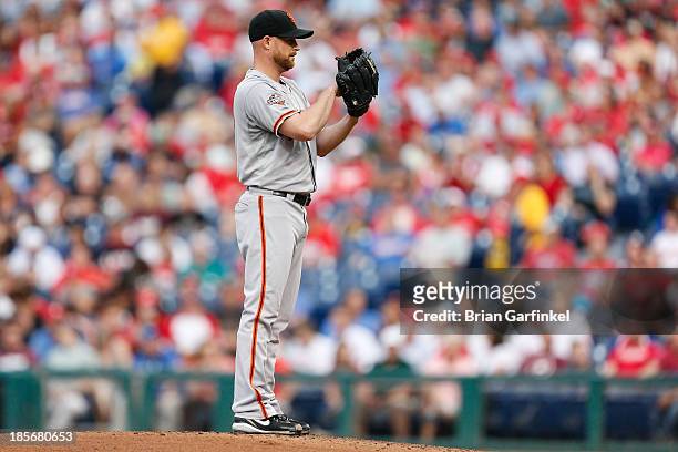 Chad Gaudin of the San Francisco Giants prepares to throw a pitch during the game against the Philadelphia Phillies at Citizens Bank Park on July 31,...