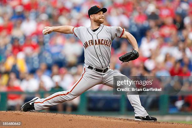 Chad Gaudin of the San Francisco Giants throws a pitch during the game against the Philadelphia Phillies at Citizens Bank Park on July 31, 2013 in...