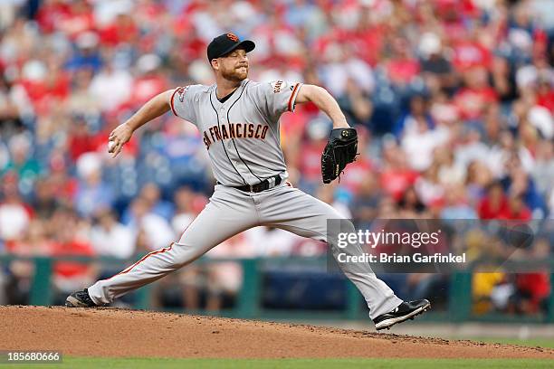 Chad Gaudin of the San Francisco Giants throws a pitch during the game against the Philadelphia Phillies at Citizens Bank Park on July 31, 2013 in...