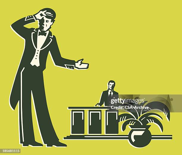 doorman and front desk clerk - hotel concierge stock illustrations