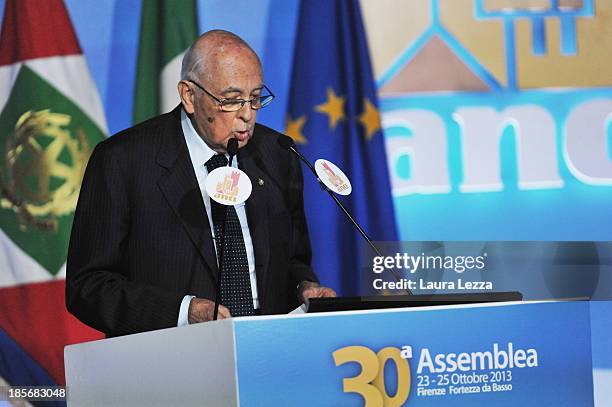 Italian President Giorgio Napolitano speaks during the ANCI Annual Assembly at Fortezza da Basso on October 23, 2013 in Florence, Italy. The National...