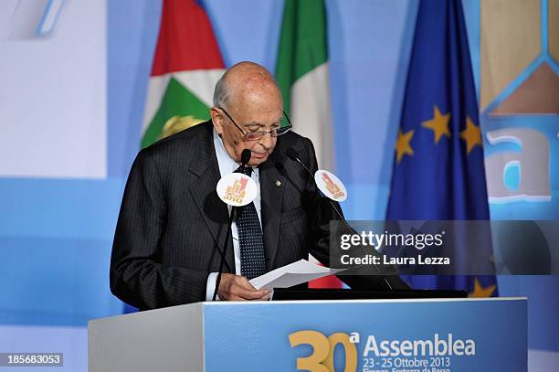 Italian President Giorgio Napolitano speaks during the ANCI Annual Assembly at Fortezza da Basso on October 23, 2013 in Florence, Italy. The National...