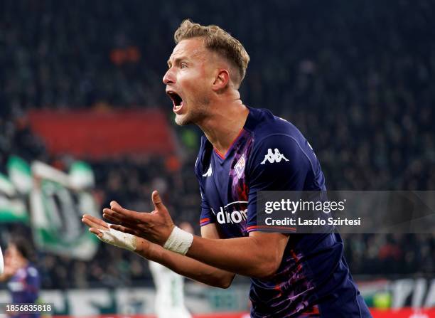 Antonin Barak of ACF Fiorentina reacts during the UEFA Europa Conference League match between Ferencvarosi TC and ACF Fiorentina at Groupama Arena on...