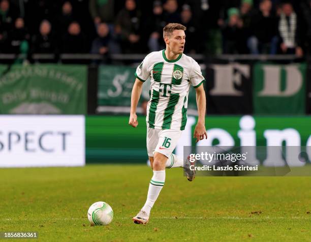 Kristoffer Zachariassen of Ferencvarosi TC controls the ball during the UEFA Europa Conference League match between Ferencvarosi TC and ACF...