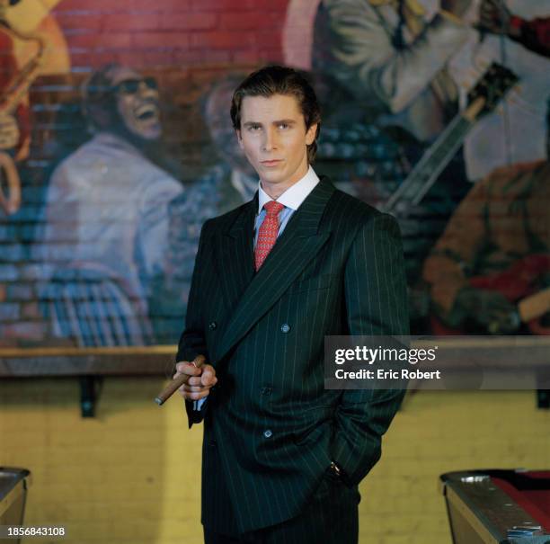 Welsh actor Christian Bale on the set of American Psycho, based on the novel by Bret Easton Ellis and directed by Canadian Mary Harron.