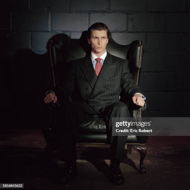 Welsh actor Christian Bale on the set of American Psycho, based on the novel by Bret Easton Ellis and directed by Canadian Mary Harron.