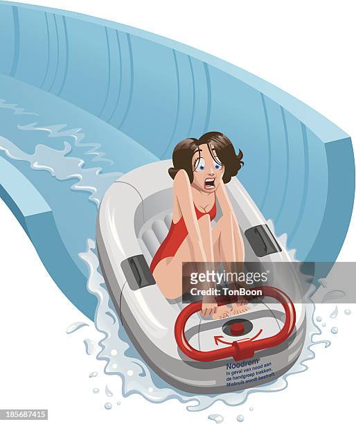 illustrazioni stock, clip art, cartoni animati e icone di tendenza di donna andando giù l'acquascivolo. - piscina pubblica all'aperto