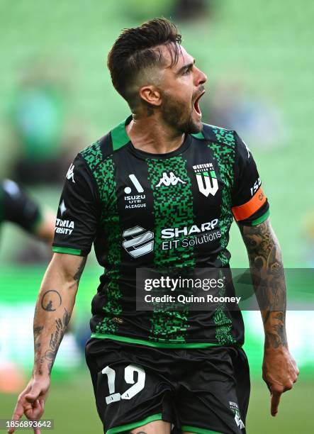 Josh Risdon of Western United celebrates scoring a goal during the A-League Men round eight match between Western United and Brisbane Roar at AAMI...