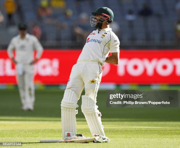 Shan Masood of Pakistan reacts during day two of the Men's First Test match between Australia and Pakistan at Optus Stadium on December 15, 2023 in...