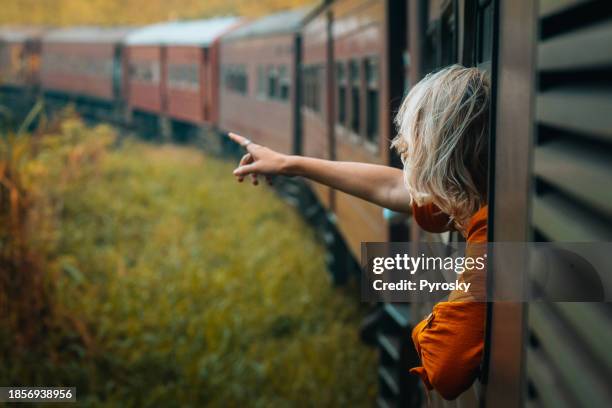 a woman enjoys a train ride in sri lanka - leaning stock pictures, royalty-free photos & images