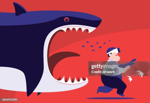 fat man wearing vr headset and running while angry shark chasing - man ready to eat stock illustrations