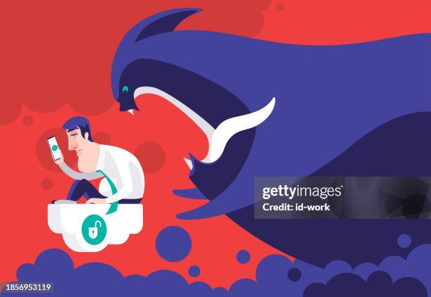 businessman using smartphone and sitting on cloud while monster approaching - man opening mail stock illustrations