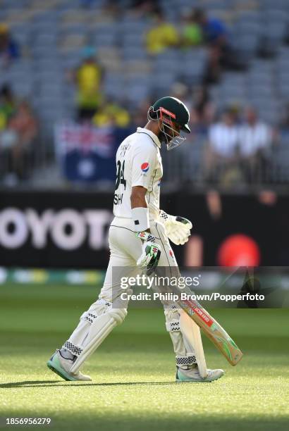 Shan Masood of Pakistan leaves the field after being dismissed during day two of the Men's First Test match between Australia and Pakistan at Optus...