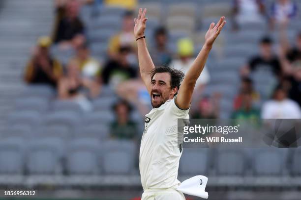 Mitchell Starc of Australia appeals for the wicket of Shan Masood of Pakistan during day two of the Men's First Test match between Australia and...