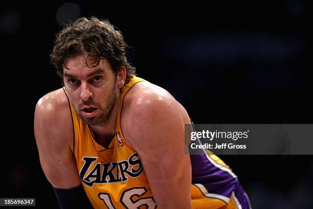 Pau Gasol of the Los Angeles Lakers looks on against the Utah Jazz at Staples Center on October 22, 2013 in Los Angeles, California. NOTE TO USER:...