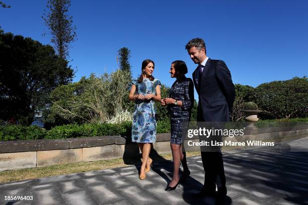 The Governor of NSW, Professor Marie Bashir walks through the gardens of Government House alongside Crown Prince Frederik, Crown Princess Mary of...